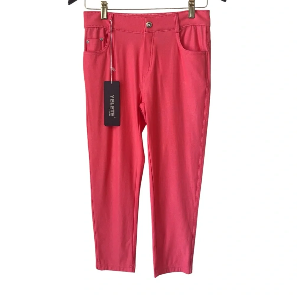 NEW Yelete Leg Wear Coral Pink Jeggings Sz M Pull On Stretch Rhinestones Barbie - Picture 7 of 7